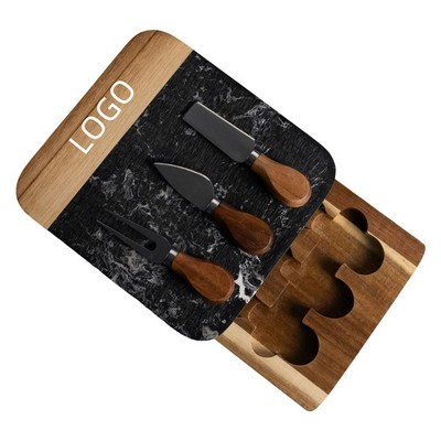 4-Piece Black Marble and Acacia Wood Cutting Board with 3 pcs Knife Set